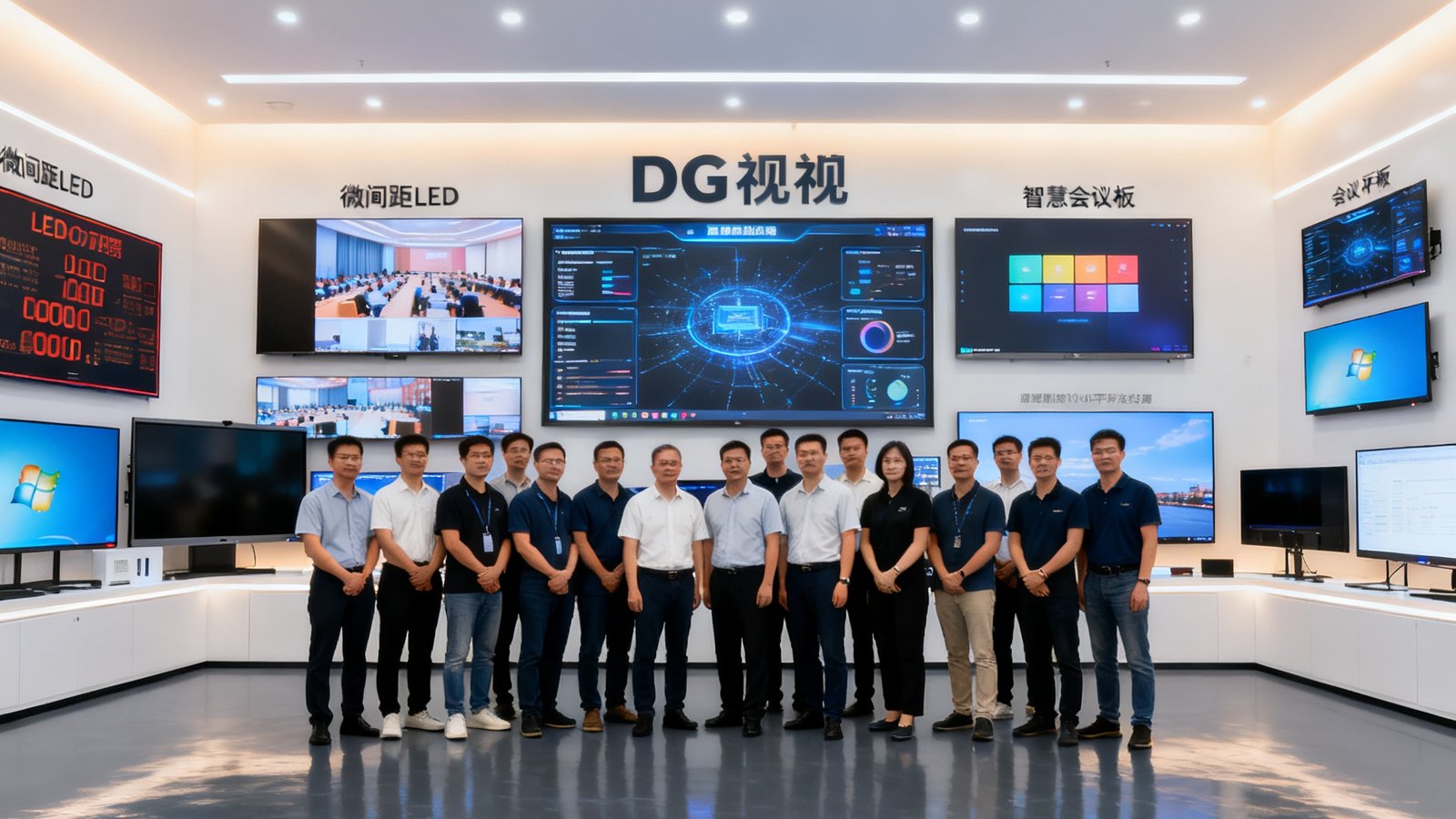 DG视讯深圳总部600平方米展示厅内，二十余名团队成员在LED屏墙前合影，展厅陈列着从微间距LED到智慧会议平板的完整产品线，灯光柔和专业，地面为深灰色环氧地坪。