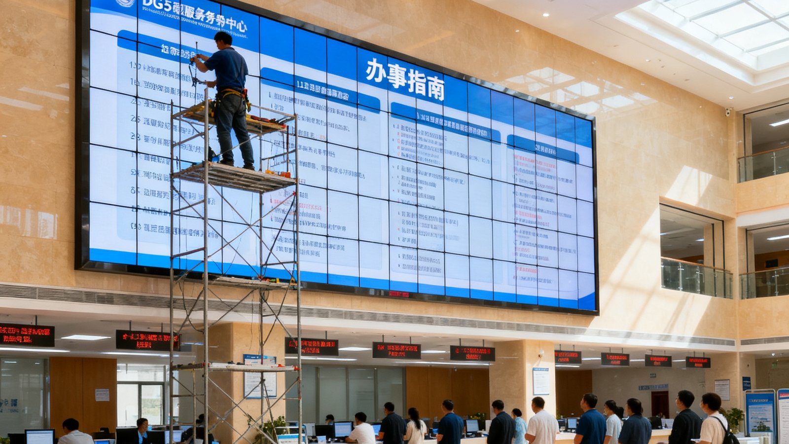 某市政务服务中心大厅内，DG视讯工程师正在调试一面由36块模组组成的P2.5室内LED全彩屏，屏幕显示清晰的办事指南信息，大厅明亮宽敞，市民在窗口排队等候。