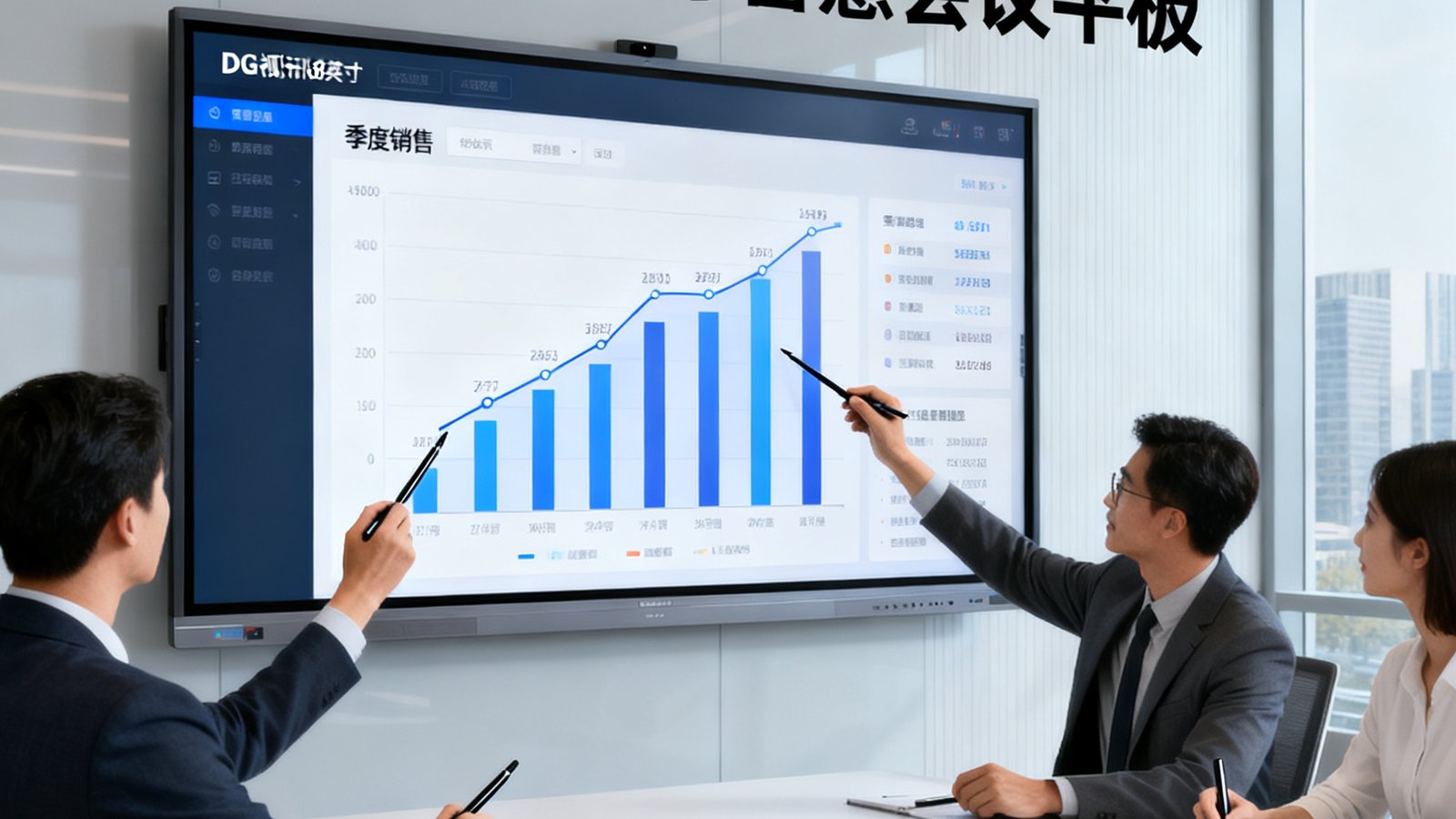 一间现代化的企业会议室内，墙上挂着DG视讯86英寸智慧会议平板，屏幕上展示着季度销售数据图表，几位参会者正用触控笔在平板上标注重点，画面清晰、交互流畅。