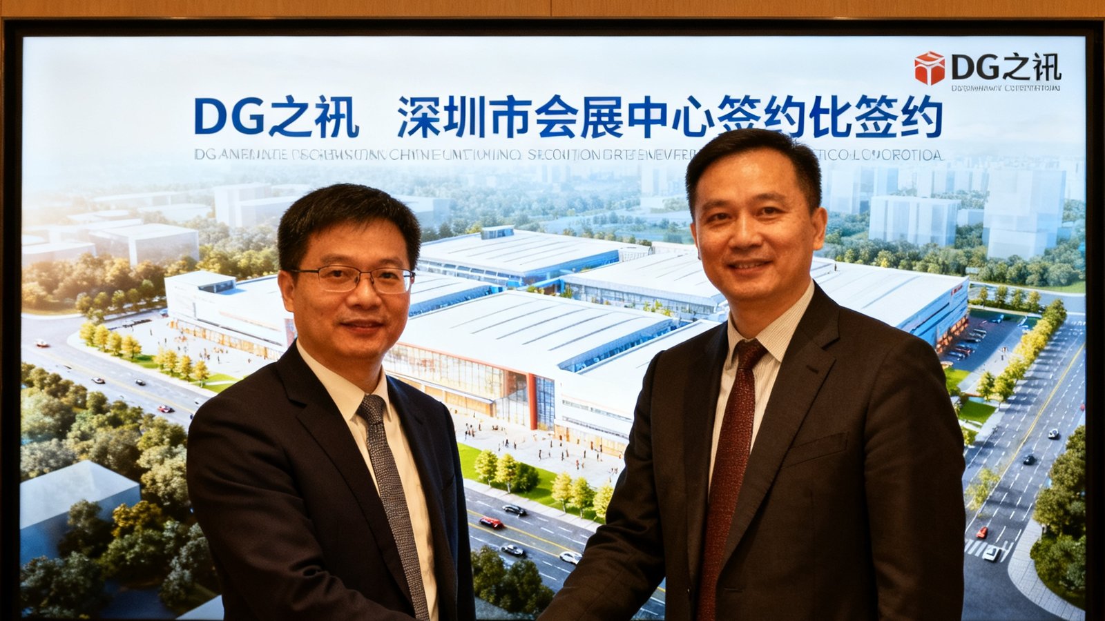 DG视讯与深圳会展中心代表在签约仪式上握手，背景为项目效果图展板。