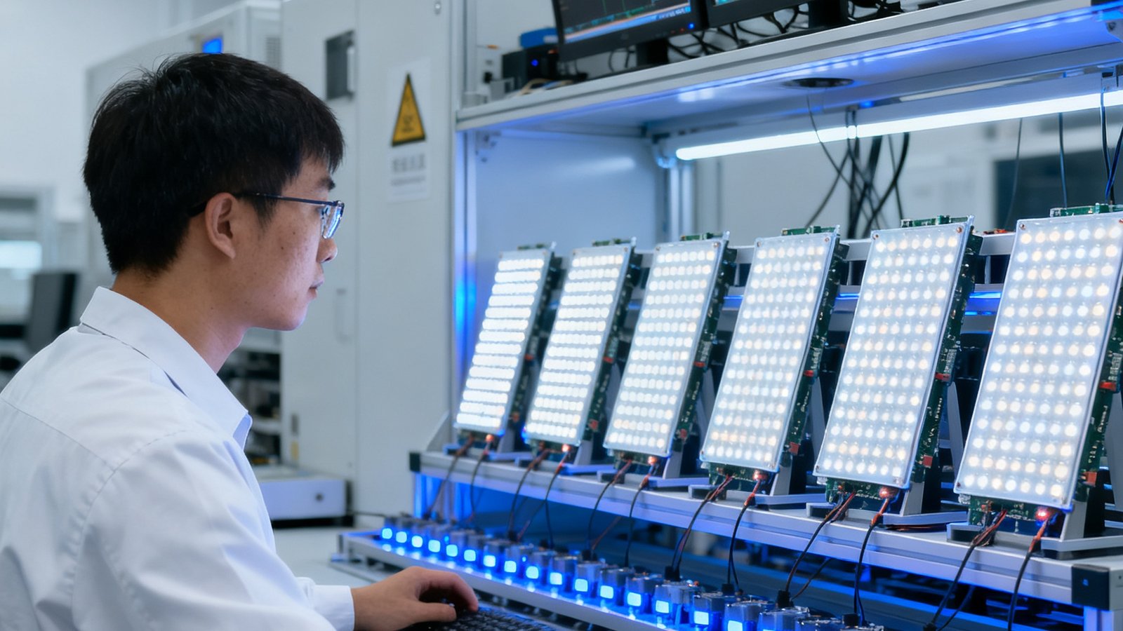 DG视讯工程师在老化测试实验室调试设备，多块LED模组正在同时进行72小时不间断测试。