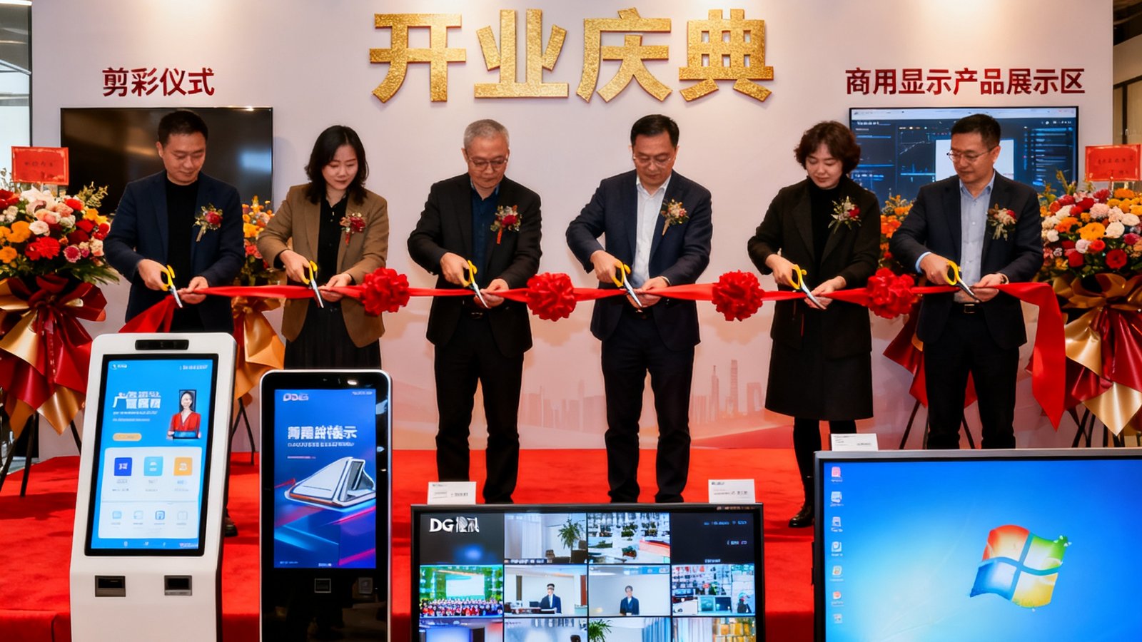 DG视讯成都区域服务中心开业，嘉宾剪彩，现场展示多款商用显示产品。