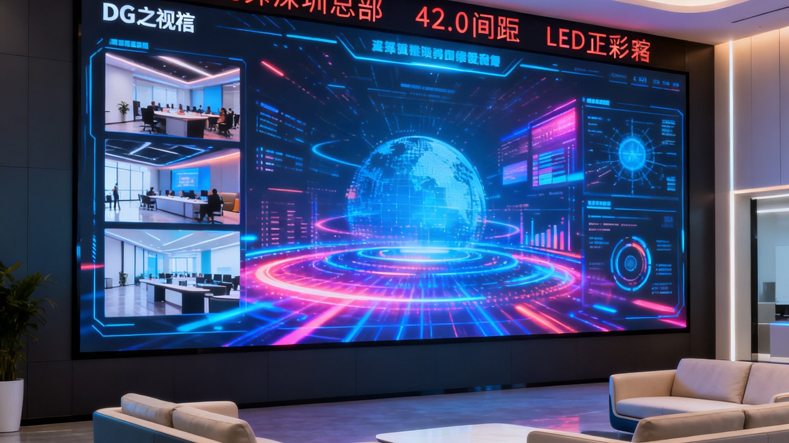 DG视讯深圳总部展厅内，一面P2.0间距的LED全彩屏正在播放动态演示画面，色彩饱满、亮度均匀，展厅灯光柔和，屏幕前摆放着几张现代风格的洽谈沙发。